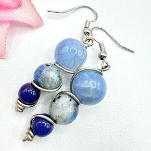 Blue Gemstone Bead Dangle Earrings Graduated Ombre Wire Wrapped Artsy Bohemian